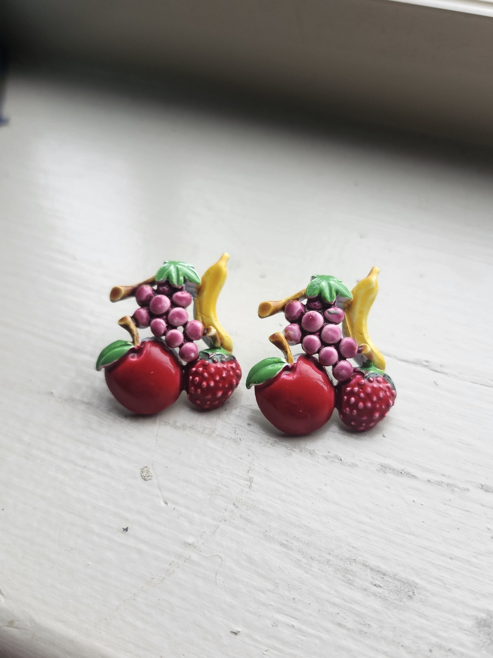 Vintage Fruit Cluster Earrings - Red, Pink, Yellow, Green